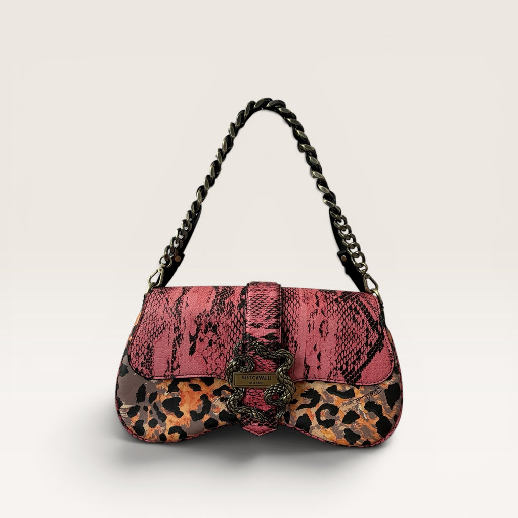 Just Cavalli Pink Python & Leopard Print Chain Shoulder Bag