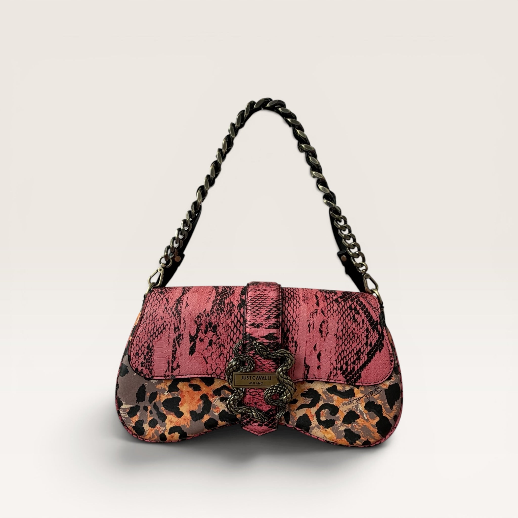 Just Cavalli Pink Python & Leopard Print Chain Shoulder Bag