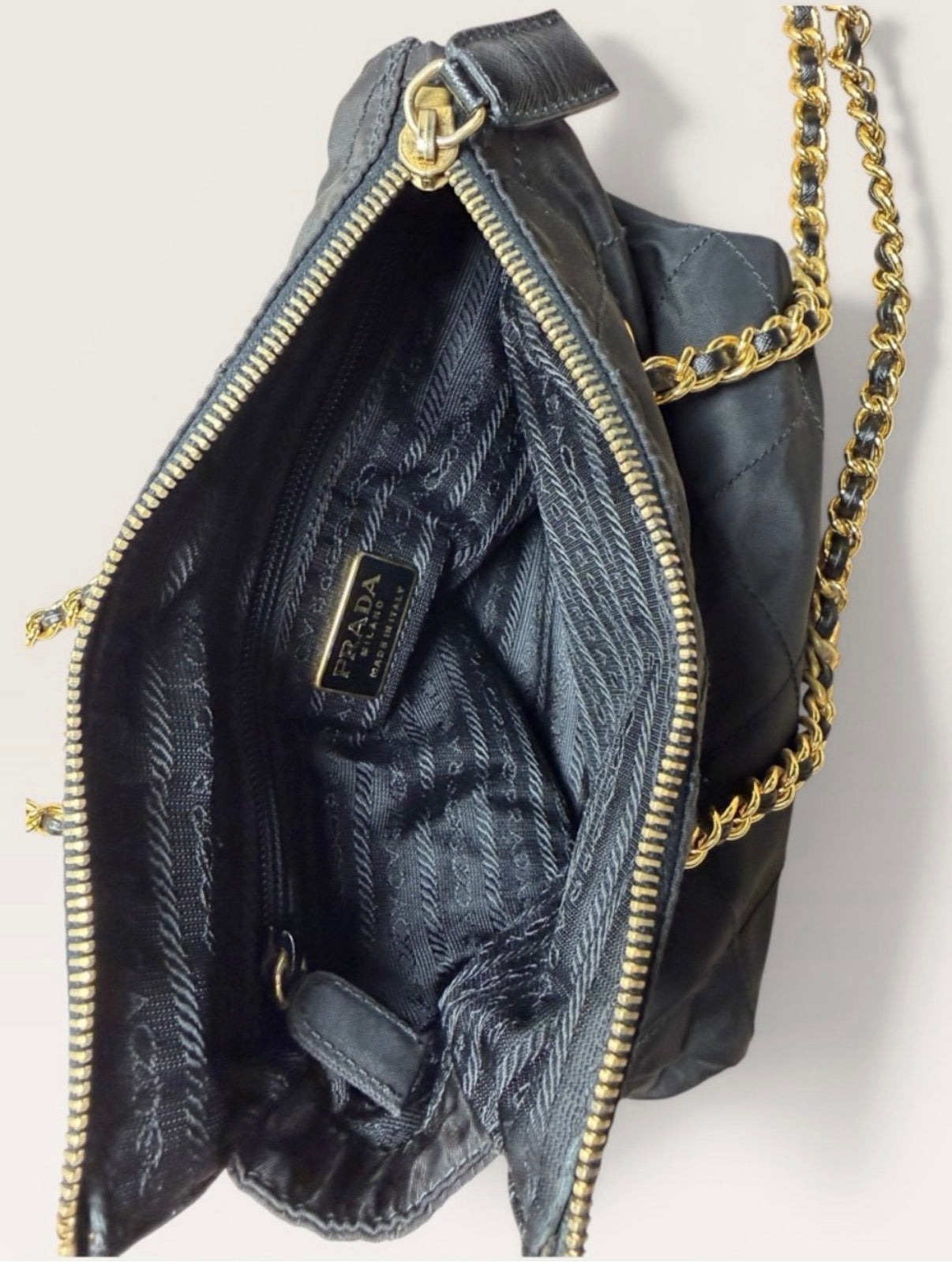 Prada Quilted Tessuto Nylon Chain Shoulder Bag Black Gold Hardware