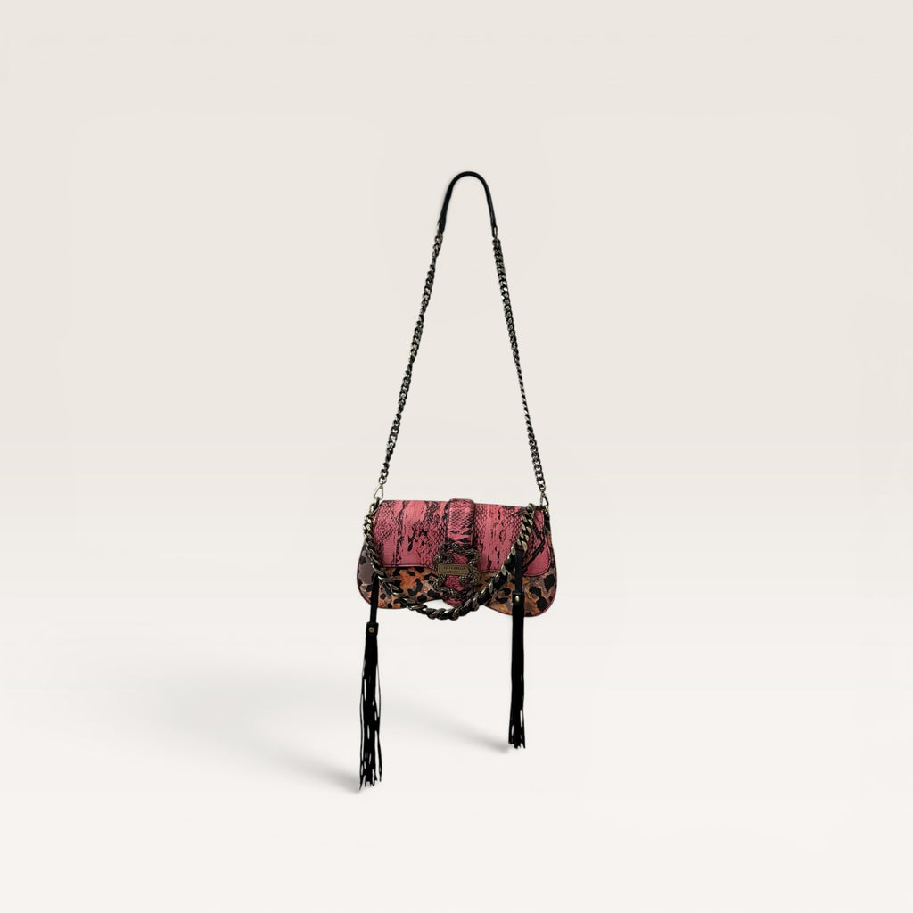 Just Cavalli Pink Python & Leopard Print Chain Shoulder Bag