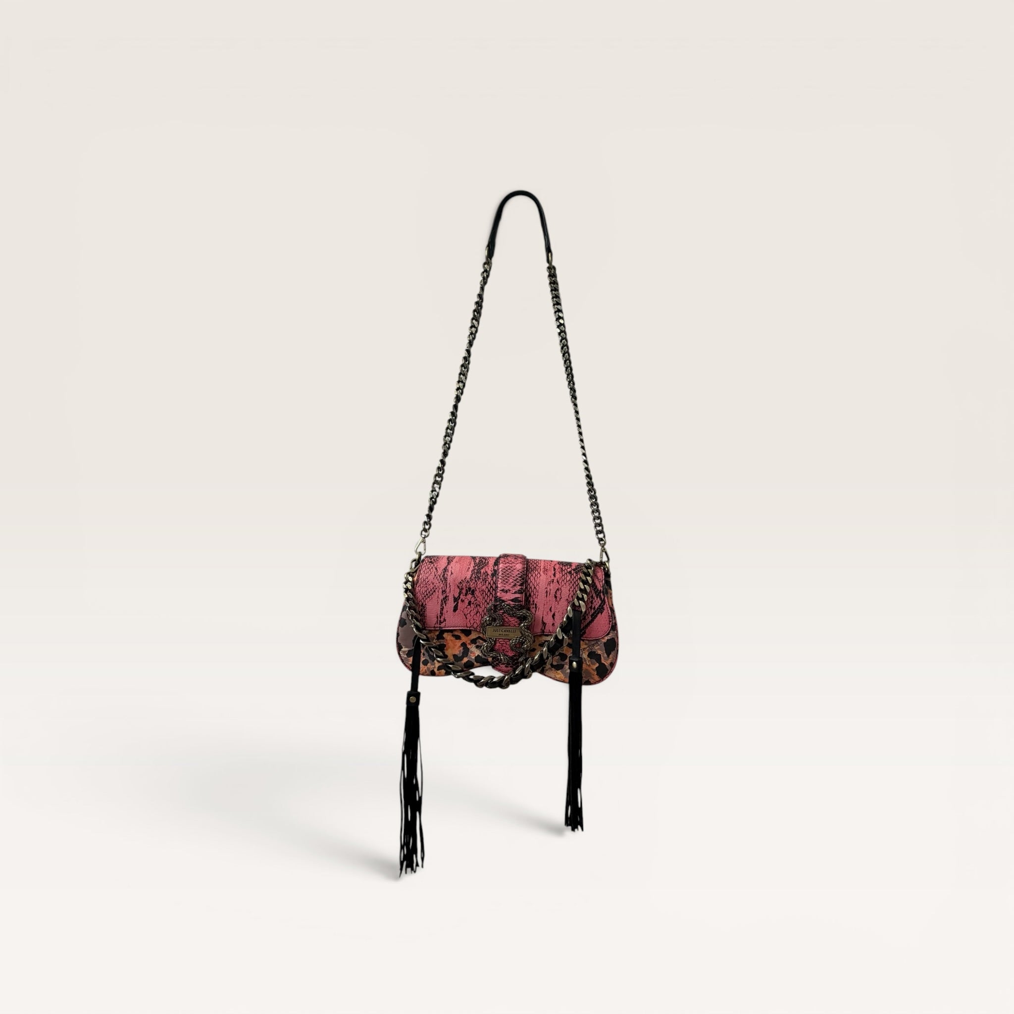 Just Cavalli Pink Python & Leopard Print Chain Shoulder Bag