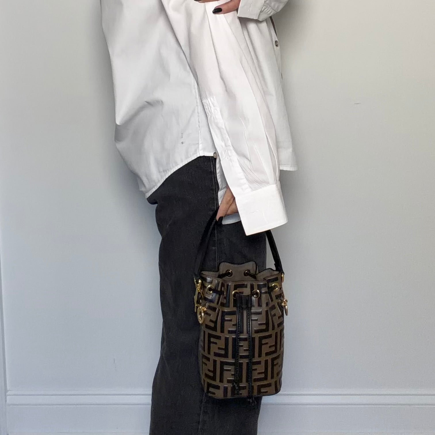 Fendi Mon Tresor Mini Bucket Bag in Brown FF Embossed Leather