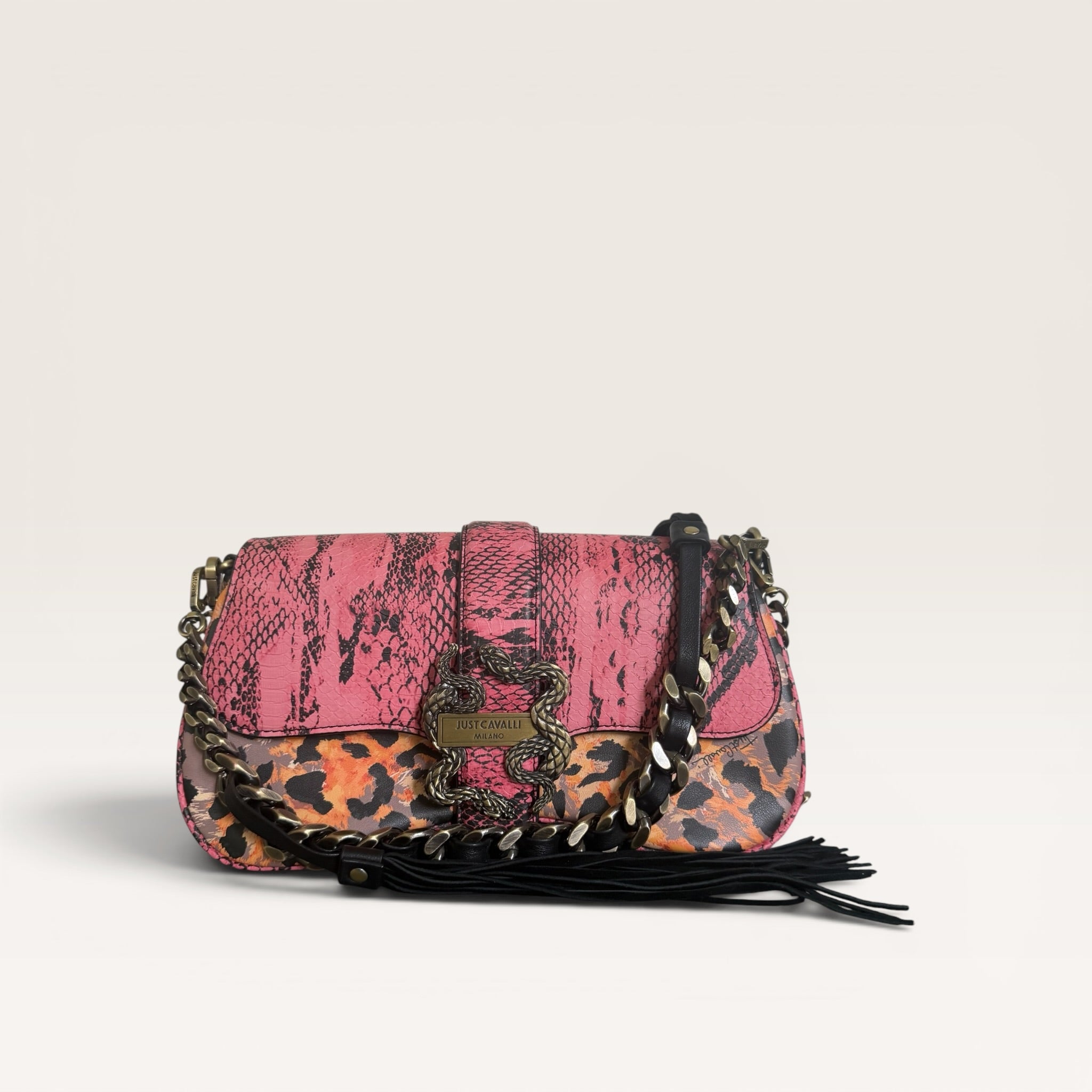 Just Cavalli Pink Python & Leopard Print Chain Shoulder Bag