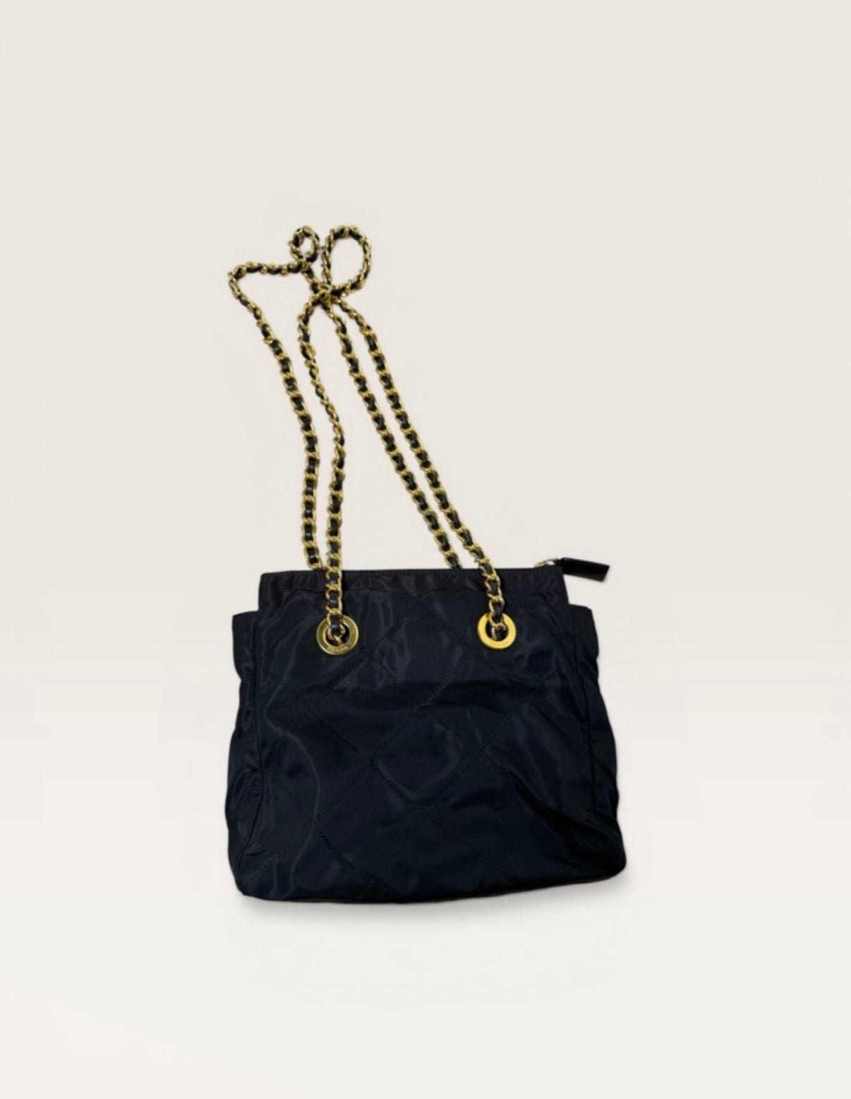 Prada Quilted Tessuto Nylon Chain Shoulder Bag Black Gold Hardware