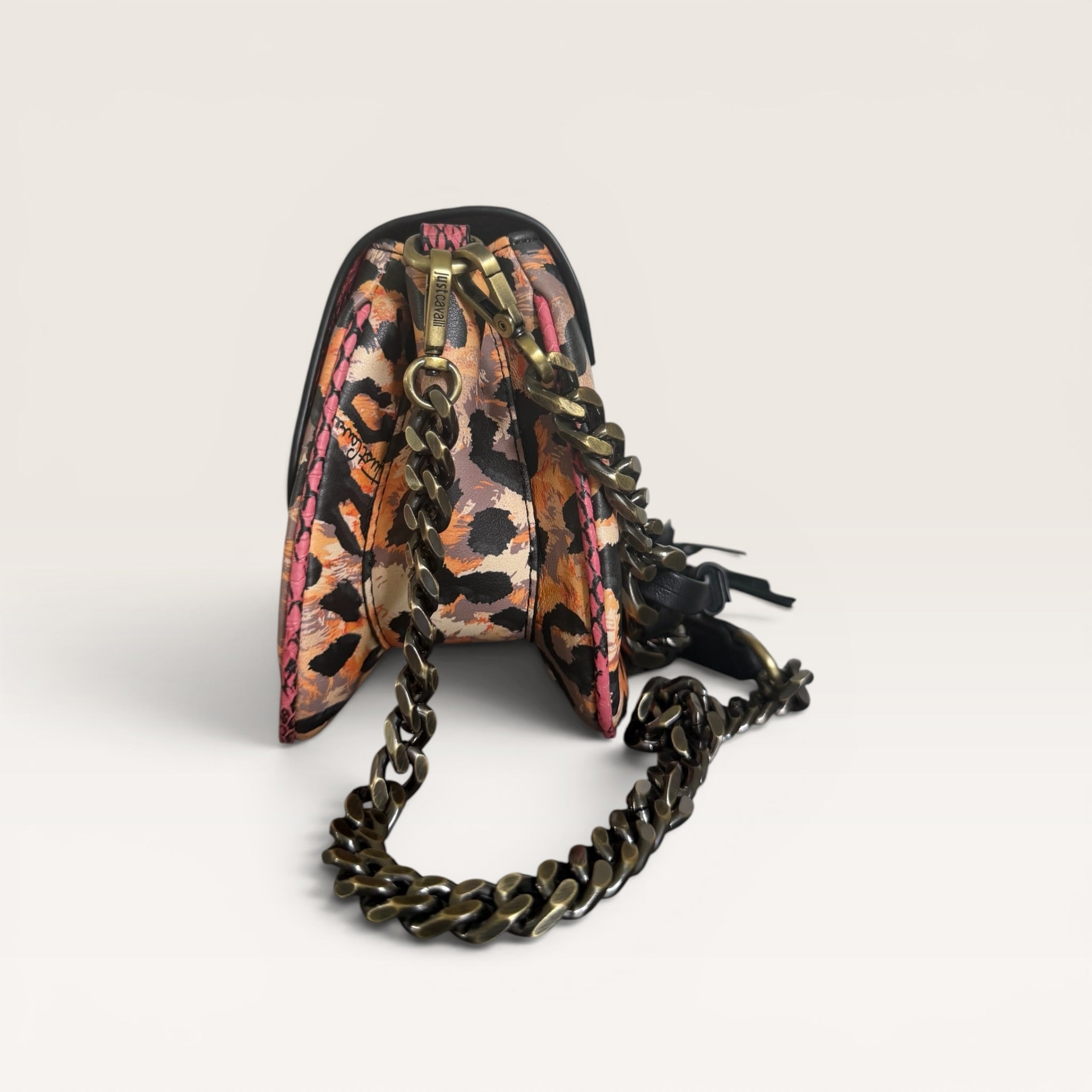 Just Cavalli Pink Python & Leopard Print Chain Shoulder Bag