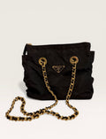 Prada Quilted Tessuto Nylon Chain Shoulder Bag Black Gold Hardware