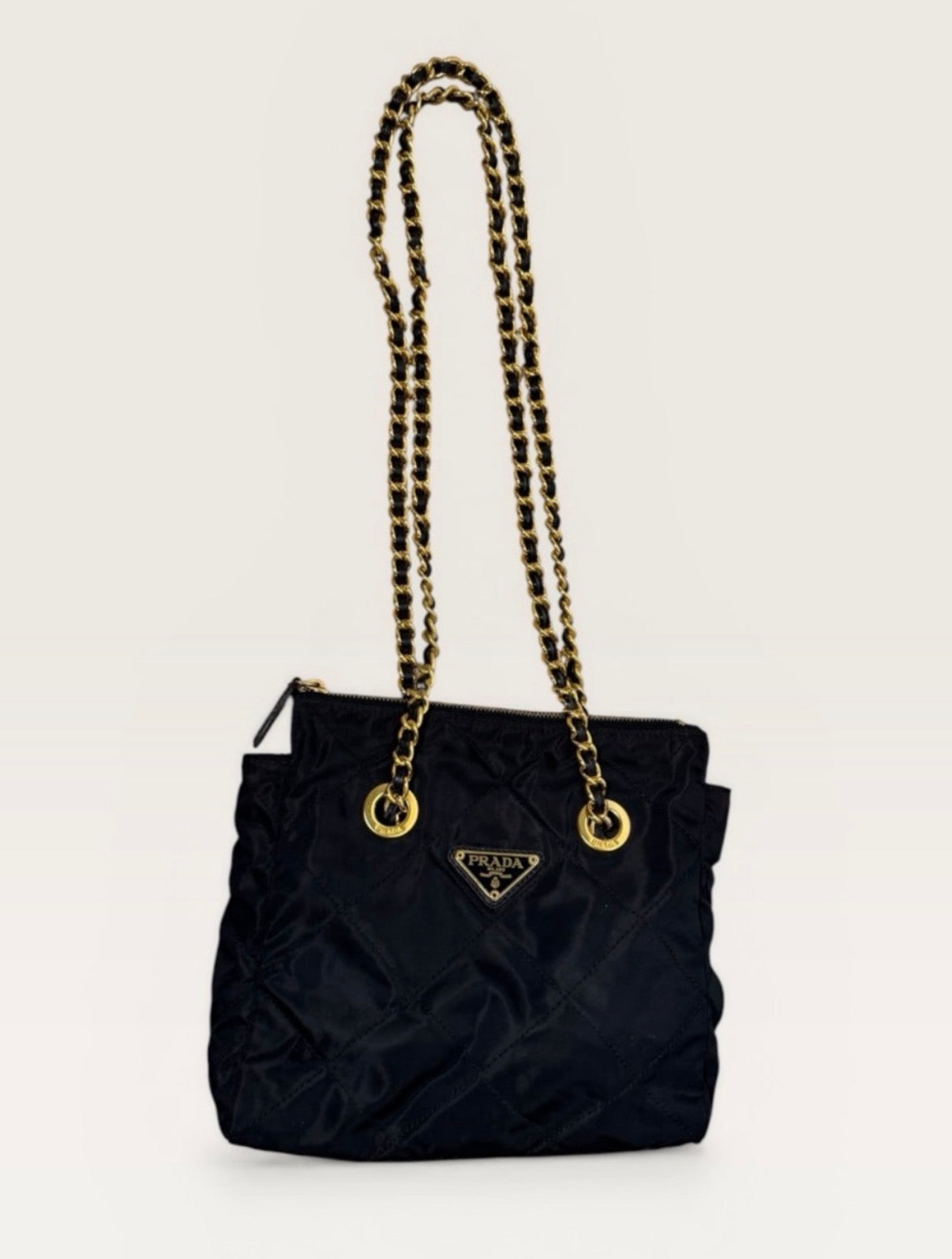 Prada Quilted Tessuto Nylon Chain Shoulder Bag Black Gold Hardware