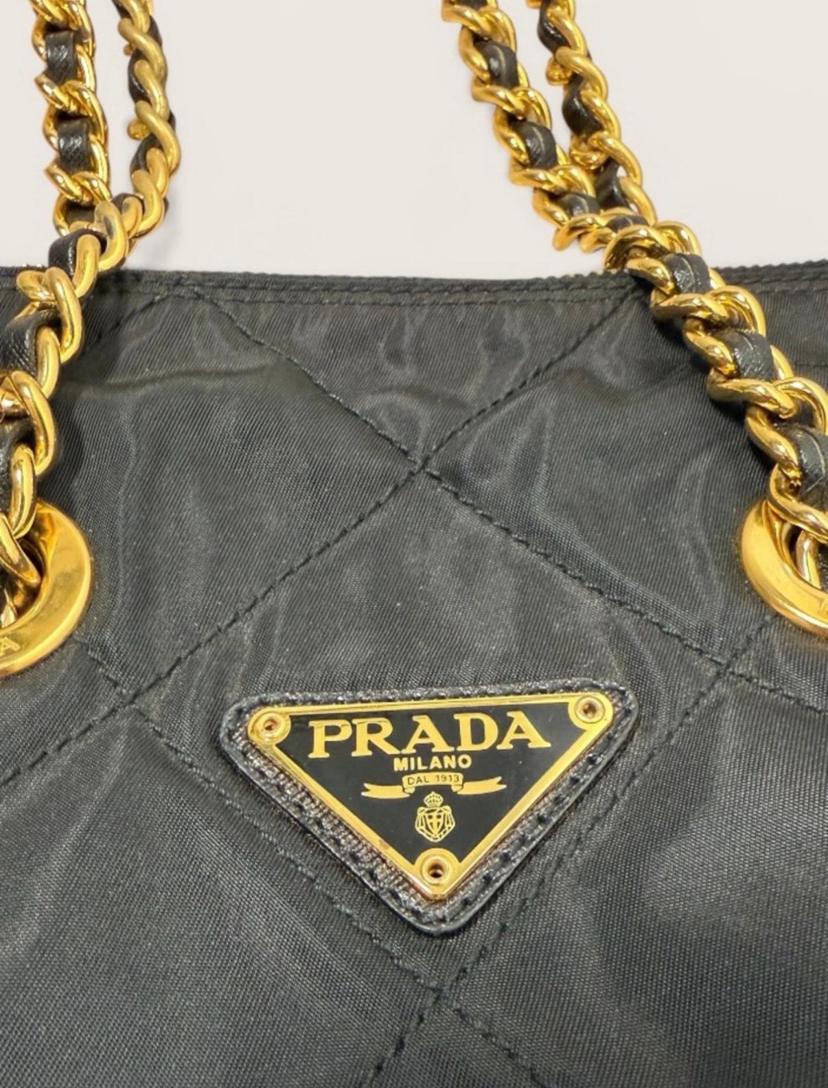 Prada Quilted Tessuto Nylon Chain Shoulder Bag Black Gold Hardware