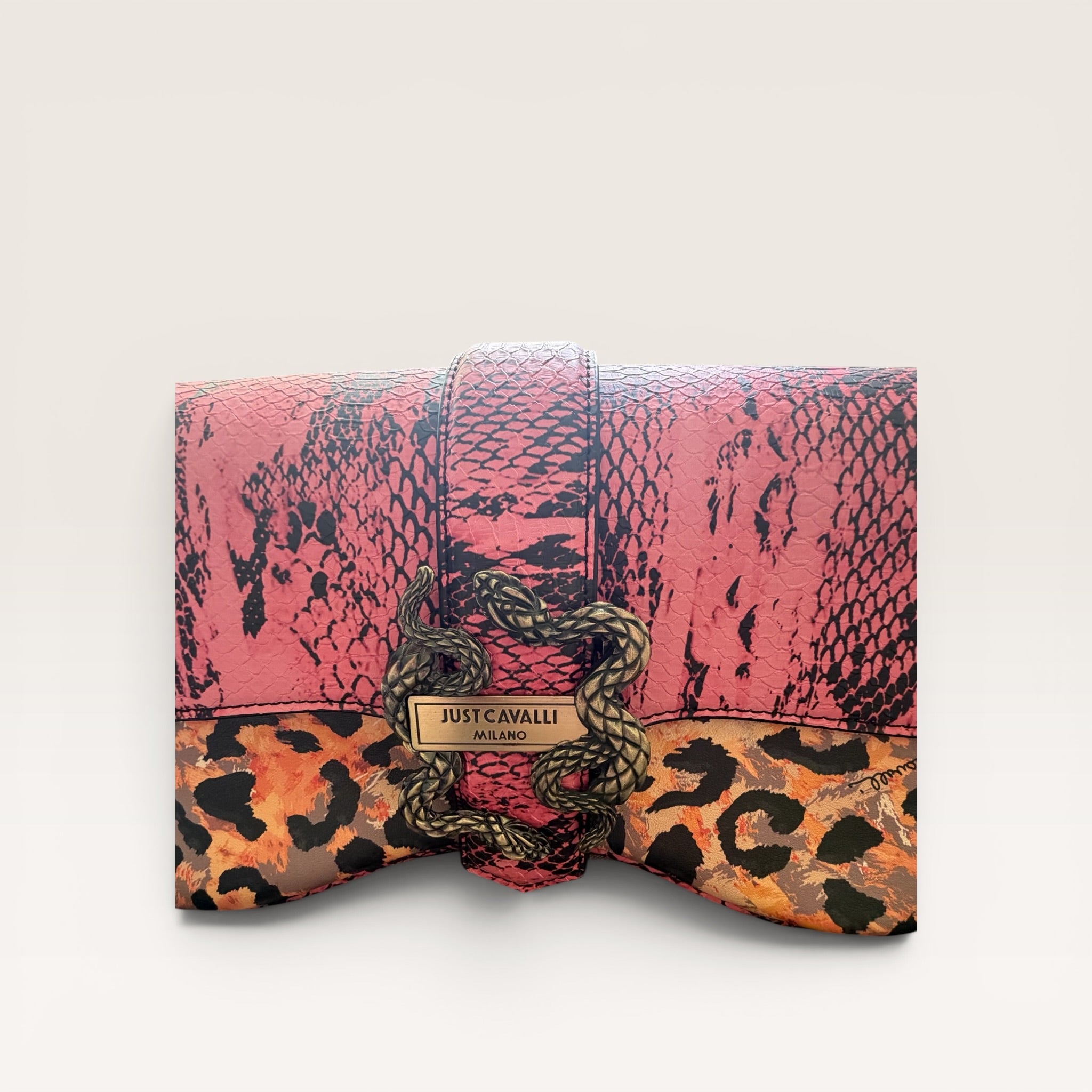 Just Cavalli Pink Python & Leopard Print Chain Shoulder Bag