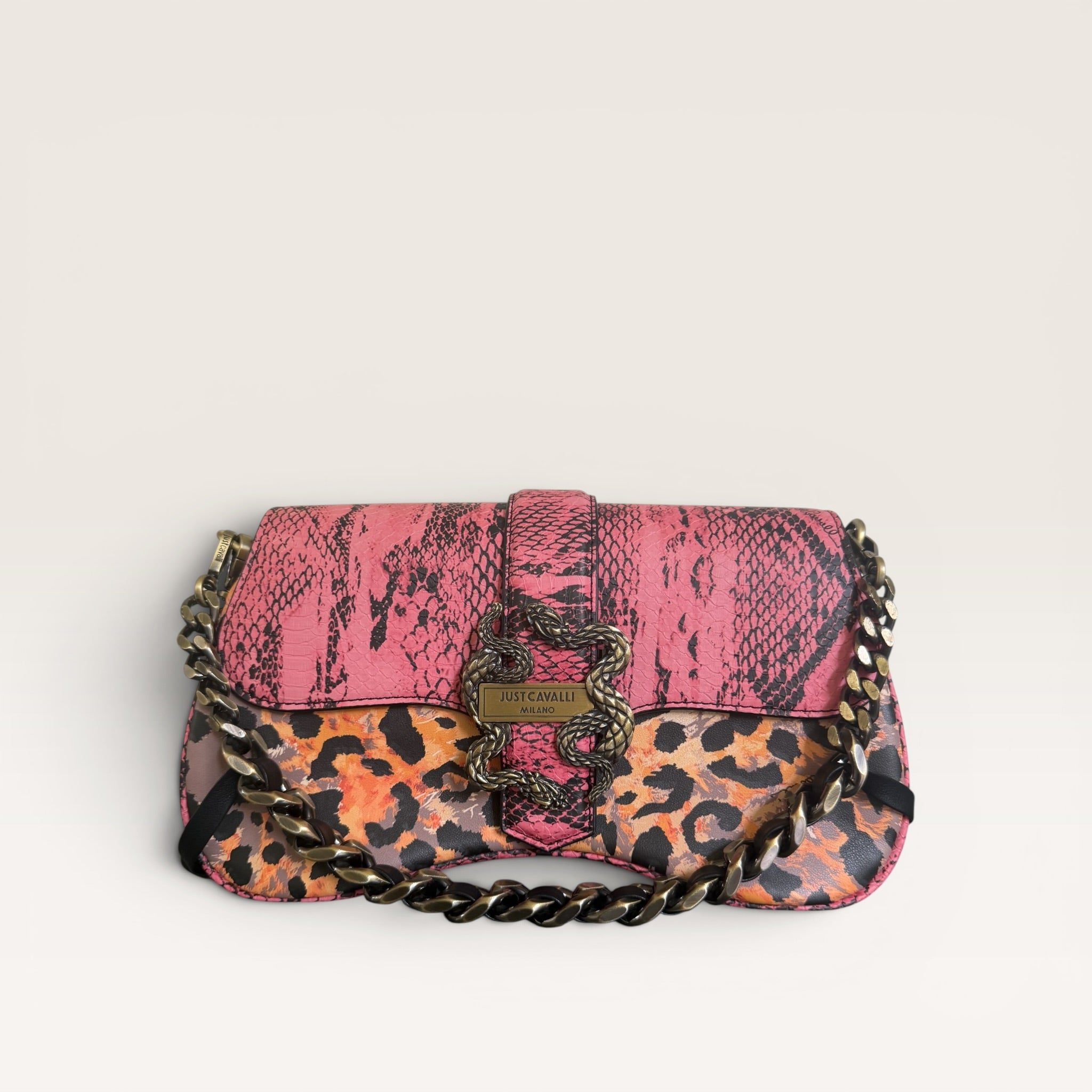 Just Cavalli Pink Python & Leopard Print Chain Shoulder Bag