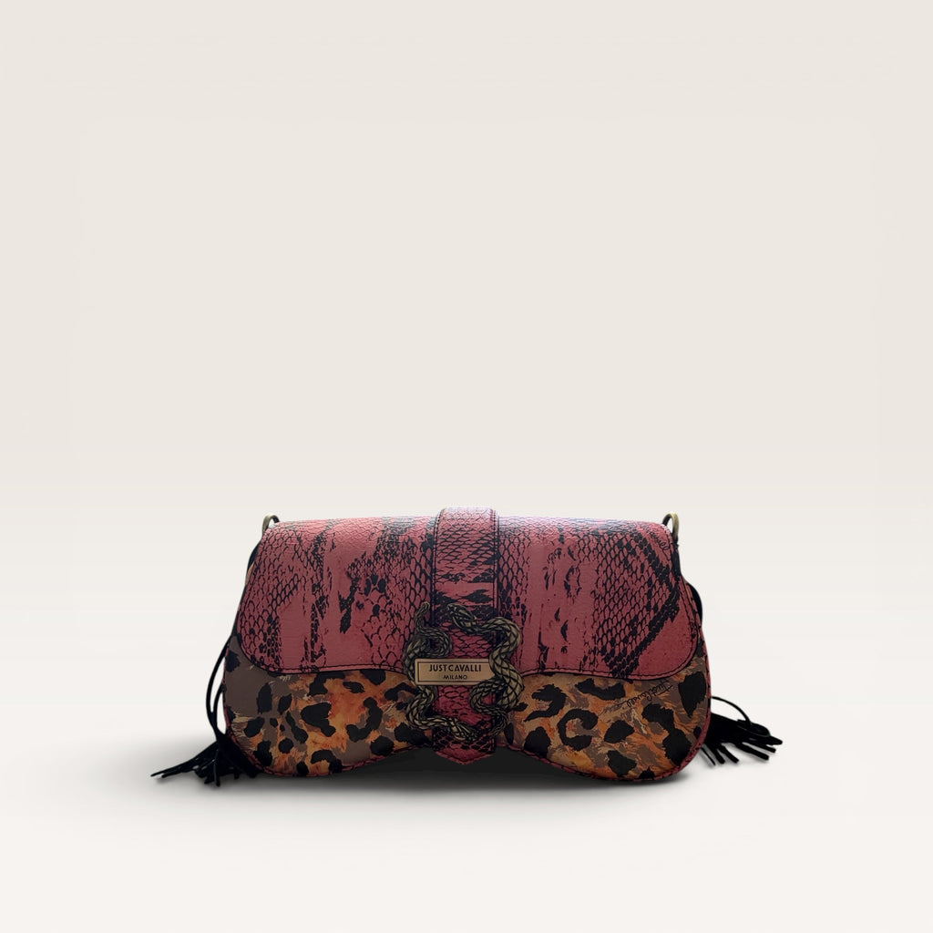 Just Cavalli Pink Python & Leopard Print Chain Shoulder Bag