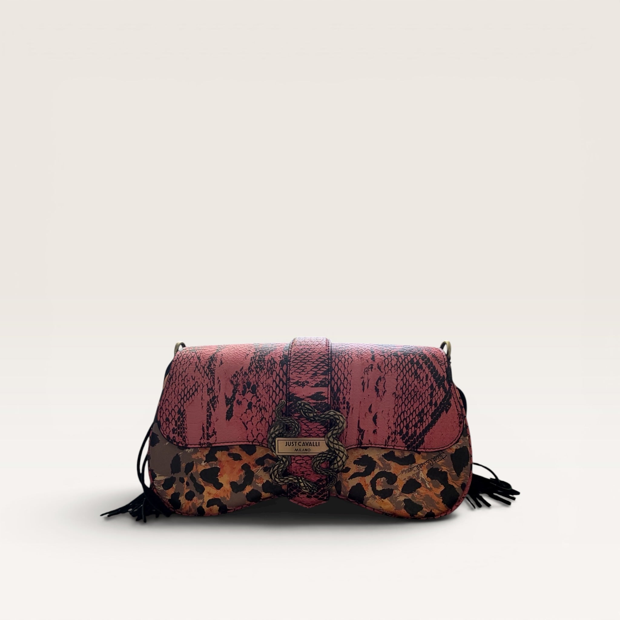 Just Cavalli Pink Python & Leopard Print Chain Shoulder Bag