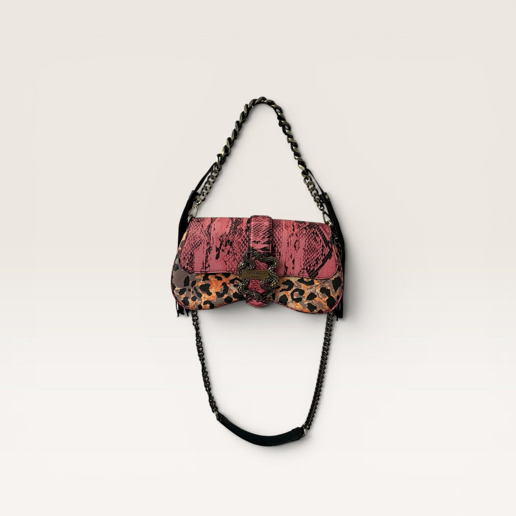 Just Cavalli Pink Python & Leopard Print Chain Shoulder Bag
