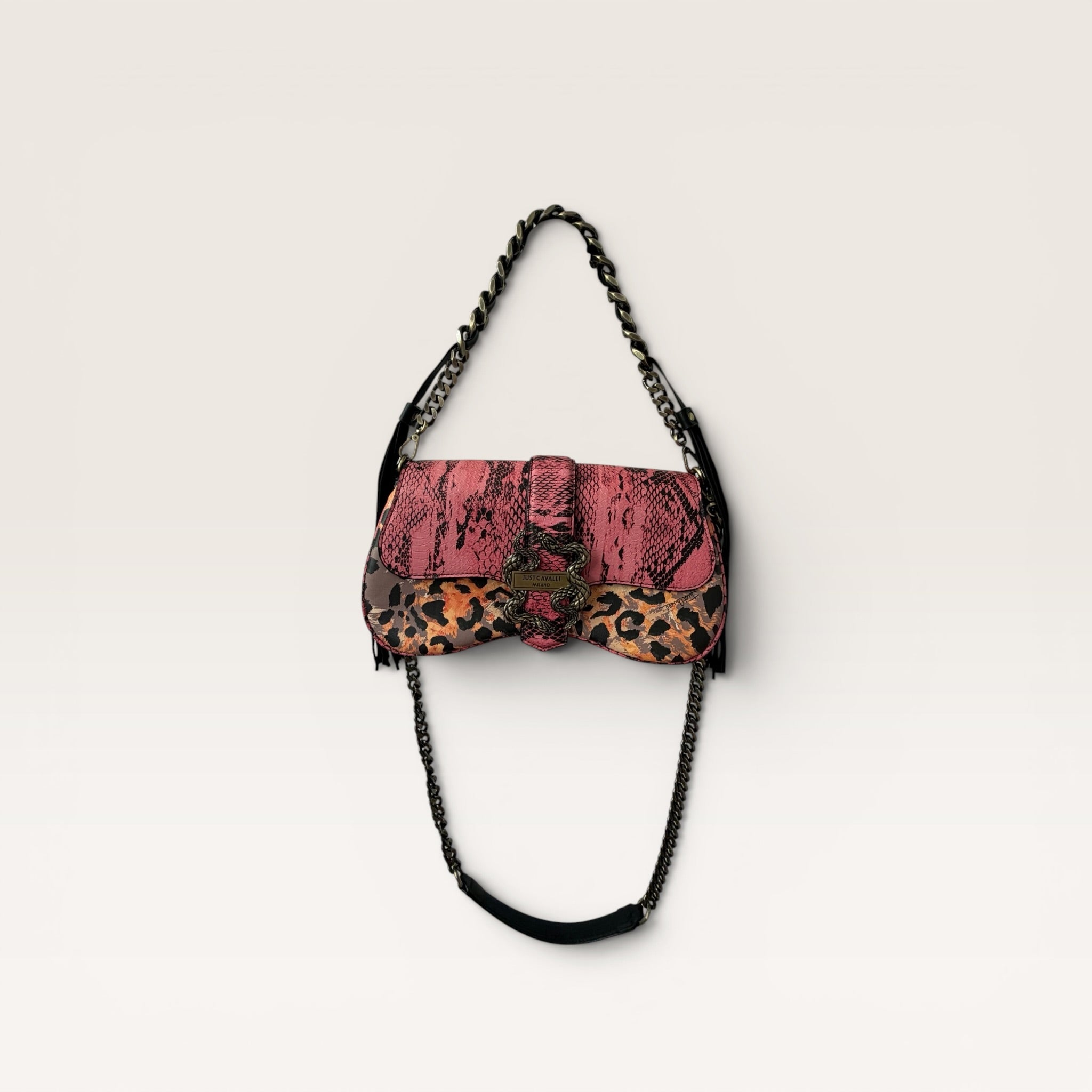 Just Cavalli Pink Python & Leopard Print Chain Shoulder Bag
