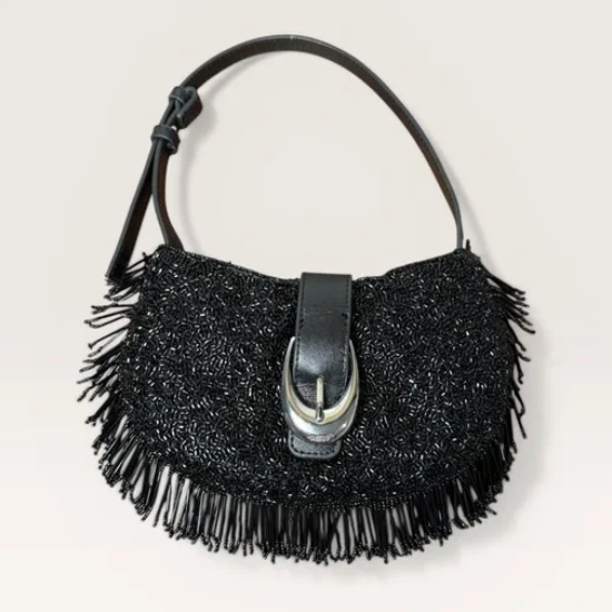 staud beaded shoulder bag with silver buckle and leather strap 