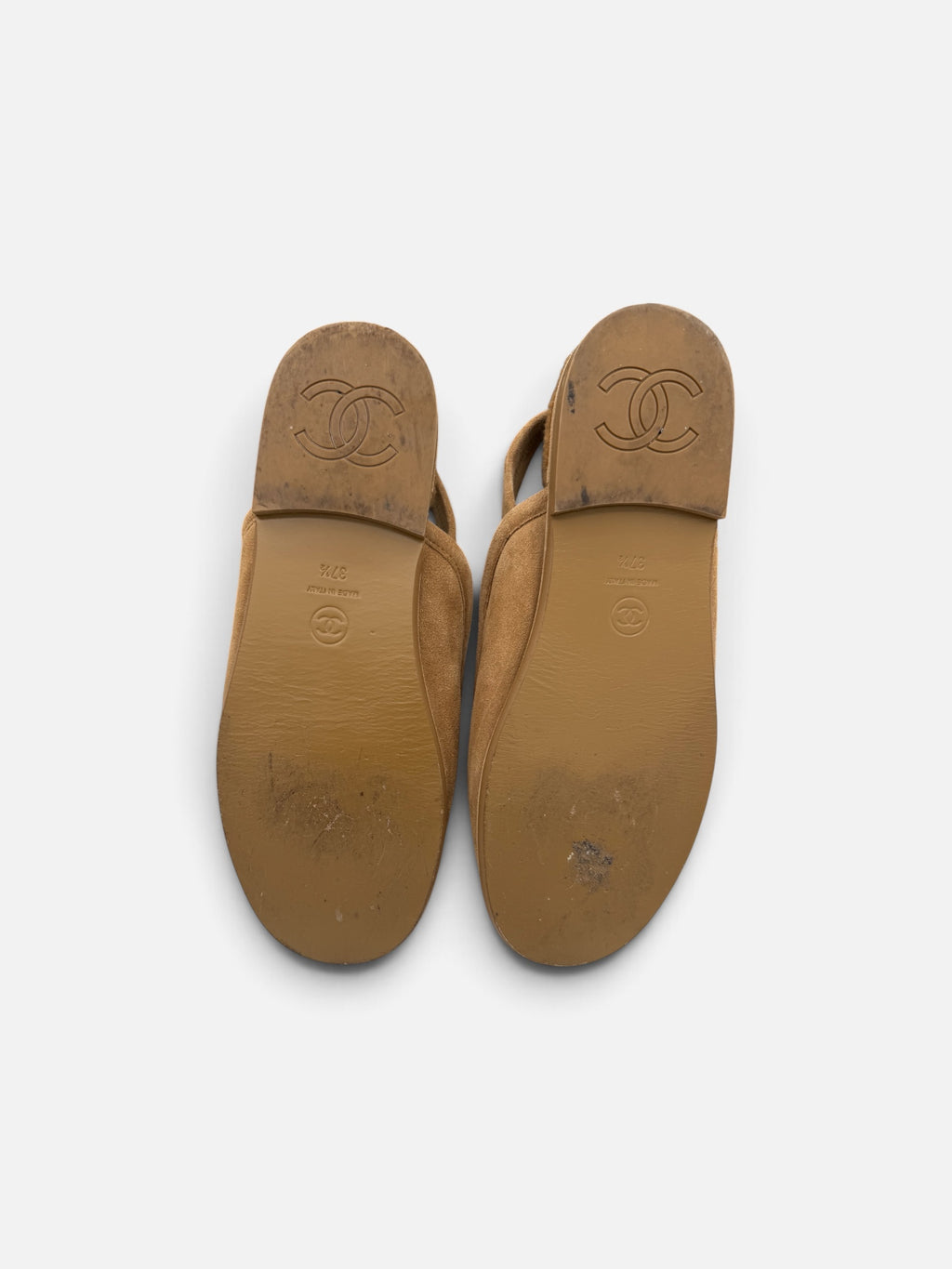 Chanel Camel Suede CC Slingback Mules – Size 37.5
