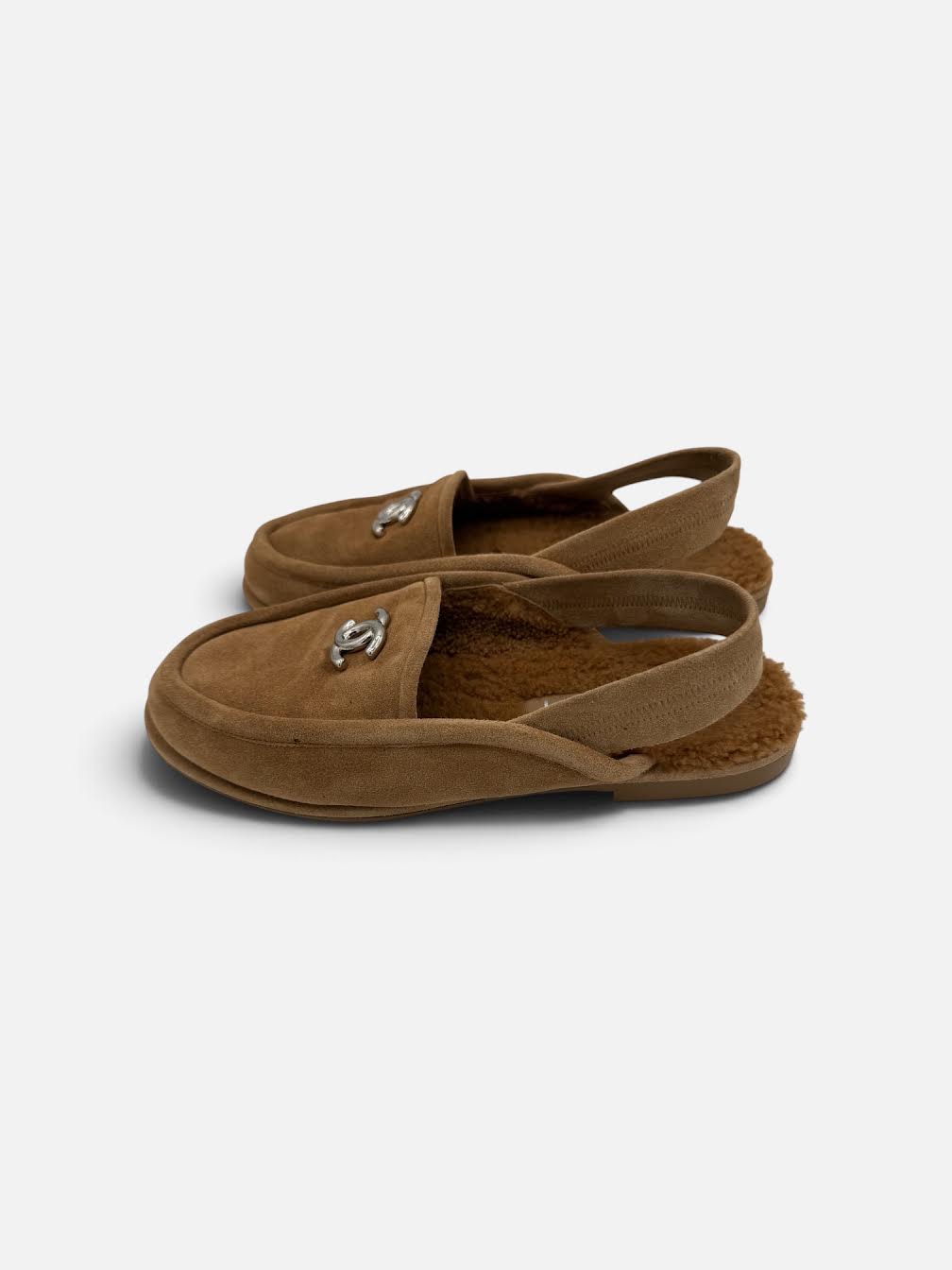 Chanel Camel Suede CC Slingback Mules – Size 37.5