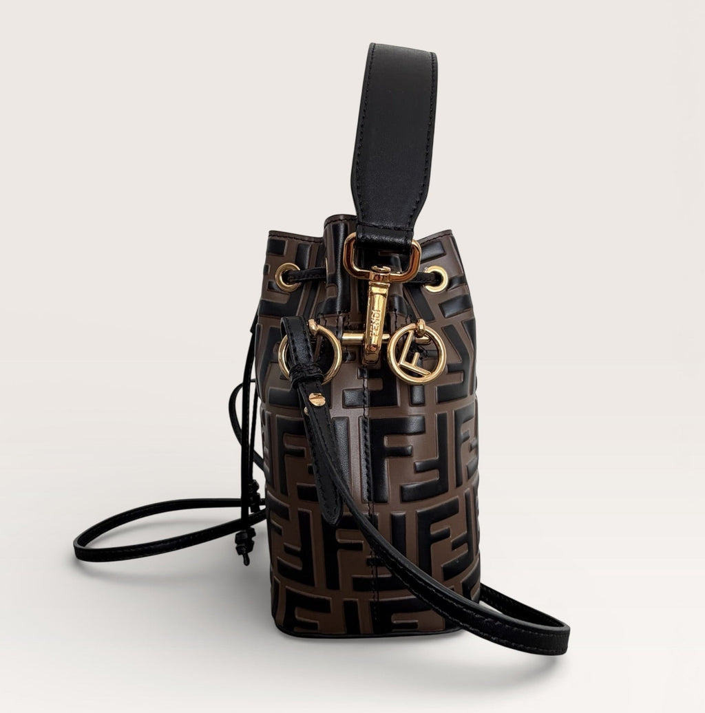 Fendi Mon Tresor Mini Bucket Bag in Brown FF Embossed Leather