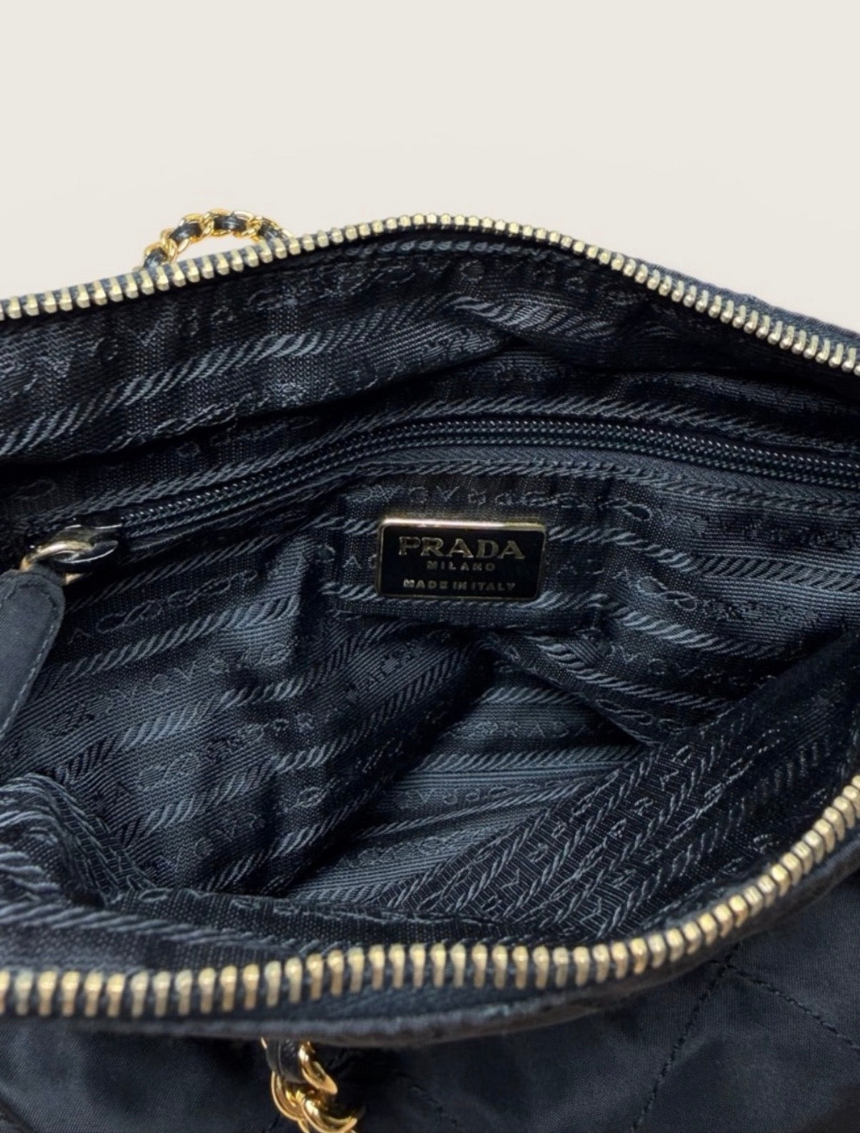Prada Quilted Tessuto Nylon Chain Shoulder Bag Black Gold Hardware