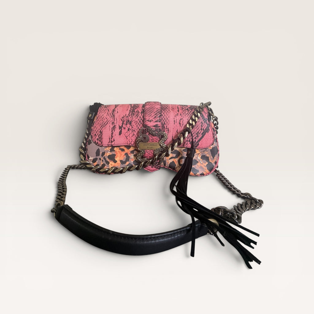 Just Cavalli Pink Python & Leopard Print Chain Shoulder Bag