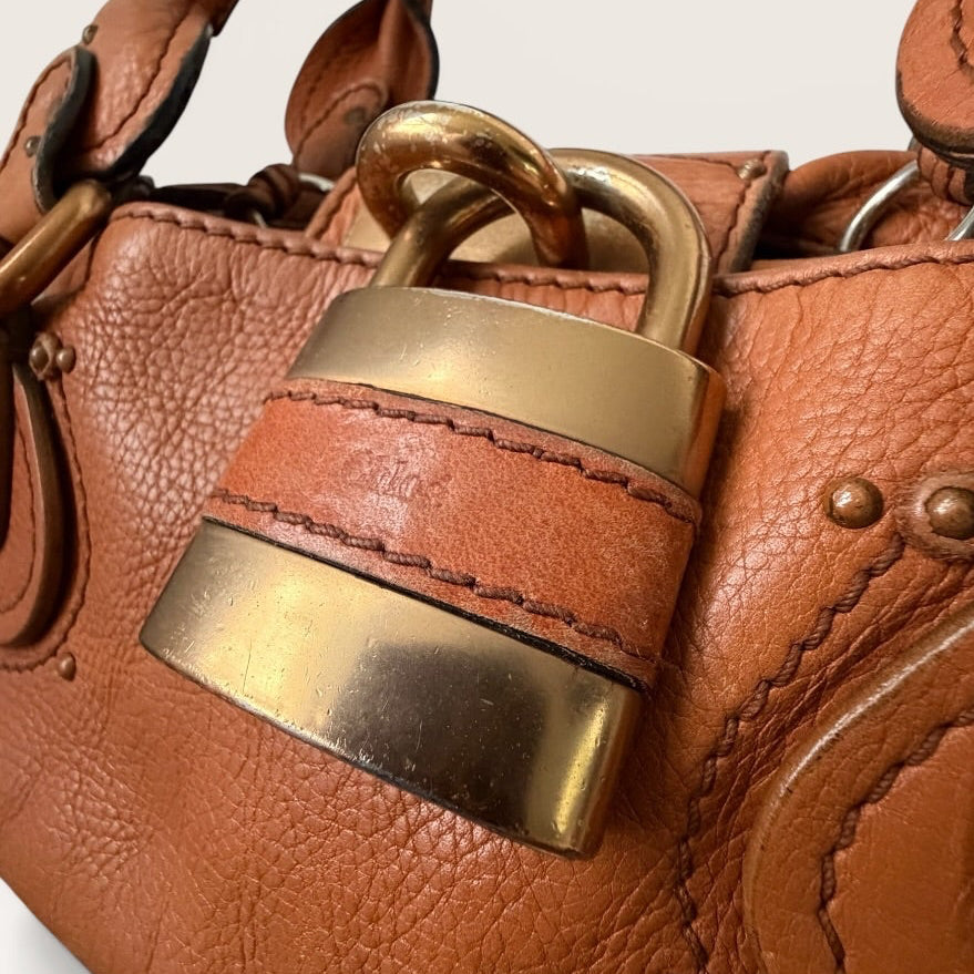 Vintage Chloé Paddington Bag Camel Brown Leather Satchel Gold Lock Y2K