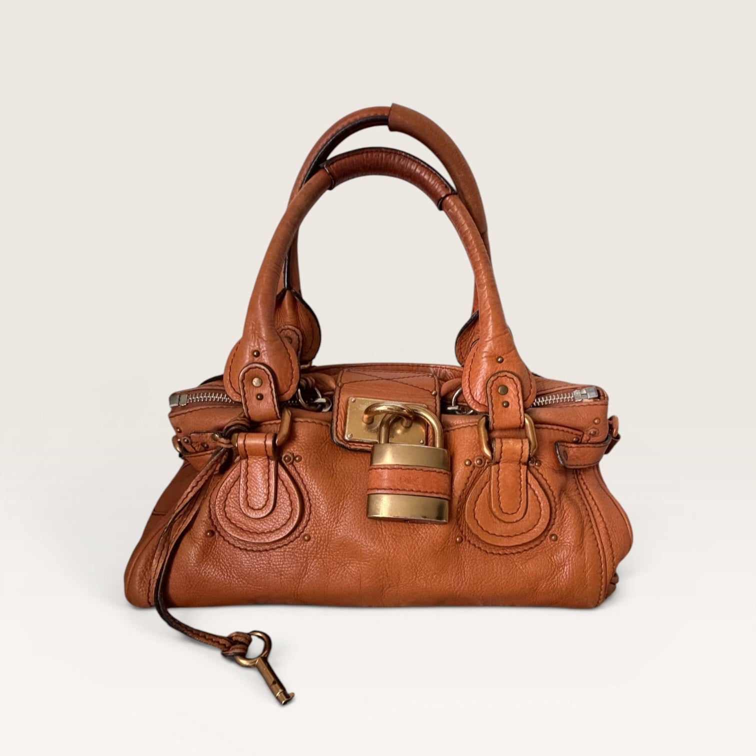 Vintage Chloé Paddington Bag Camel Brown Leather Satchel Gold Lock Y2K
