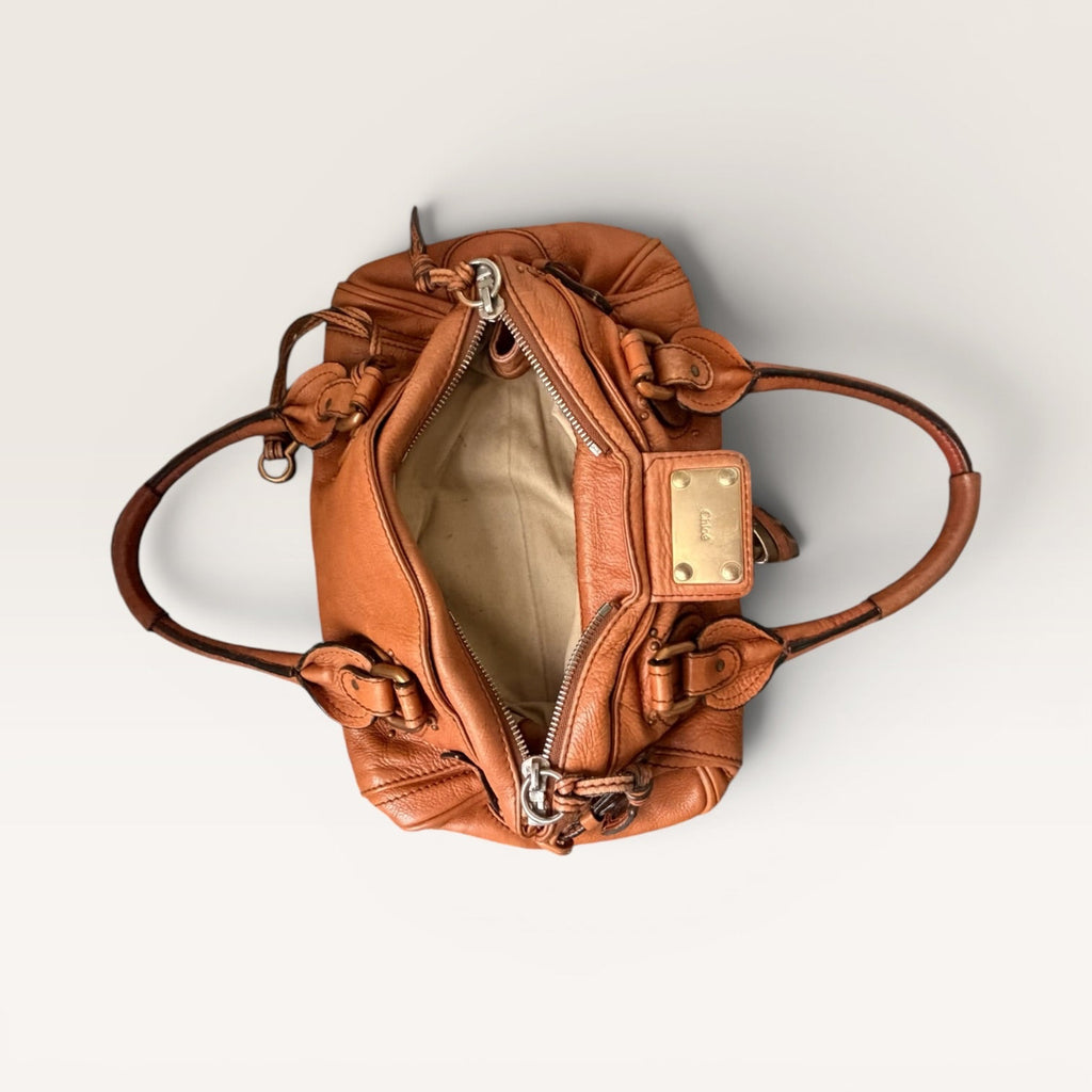Vintage Chloé Paddington Bag Camel Brown Leather Satchel Gold Lock Y2K
