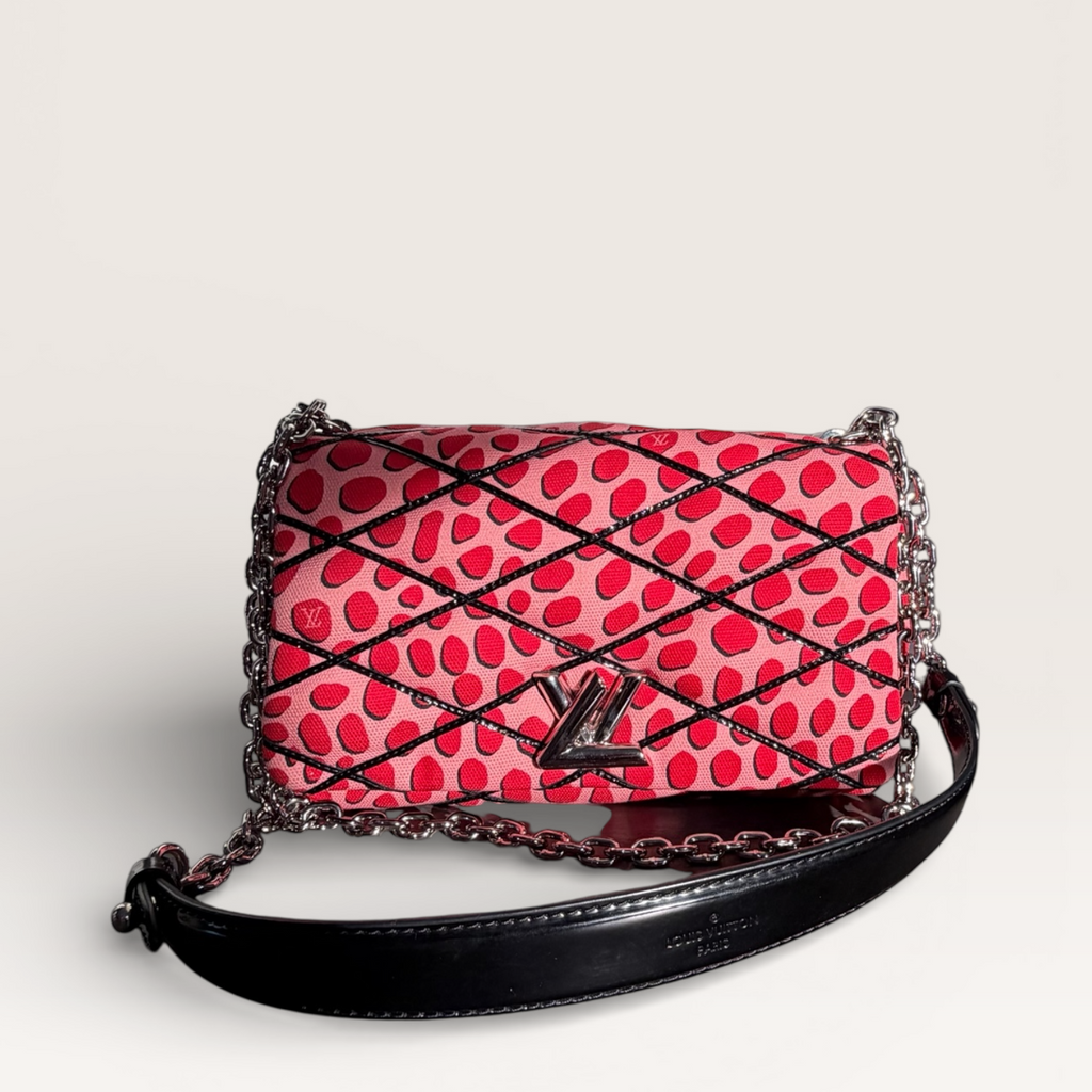 Louis Vuitton LV Twist Jungle Dot Canvas shoulder crossbody bag in pink and red dots front view