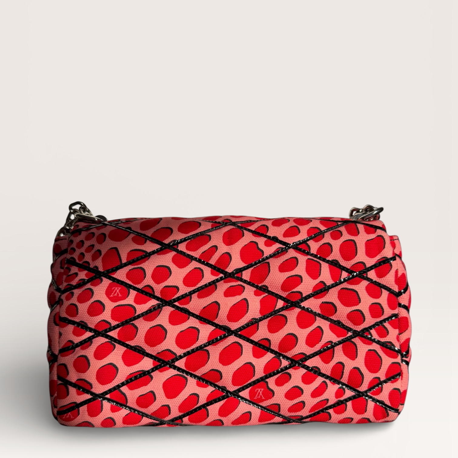 Louis Vuitton LV Twist Jungle Dot Canvas shoulder crossbody bag in pink and red dots back view with quilted pattern