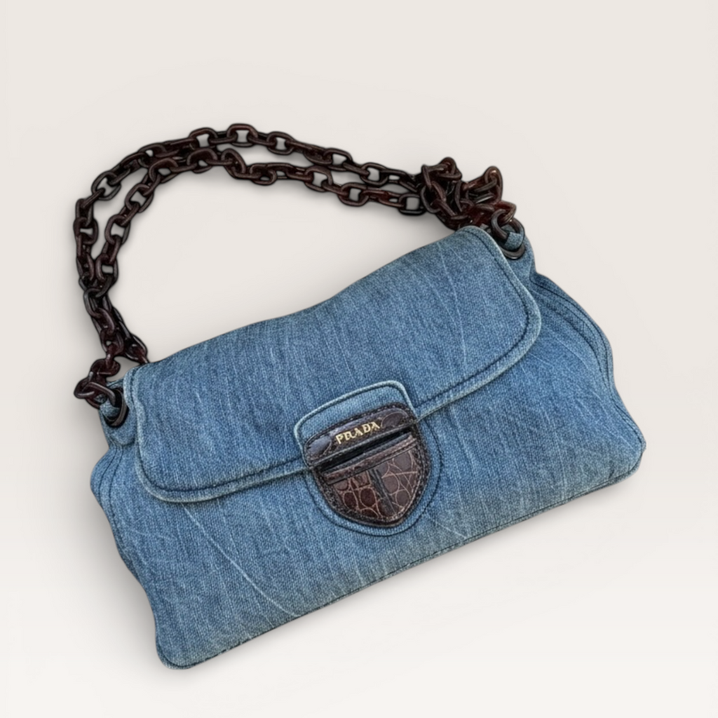 Prada denim shoulder bag with croc buckle