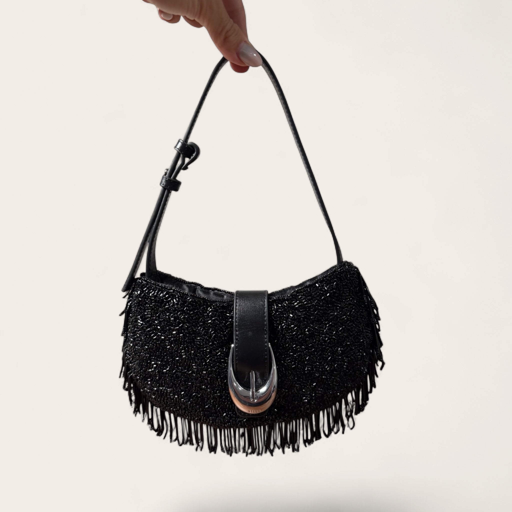 front view of Staud beaded buckle bag