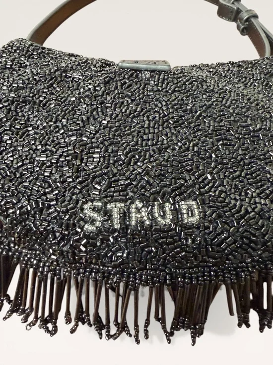 staud logo in beading on black beaded shoulder bag