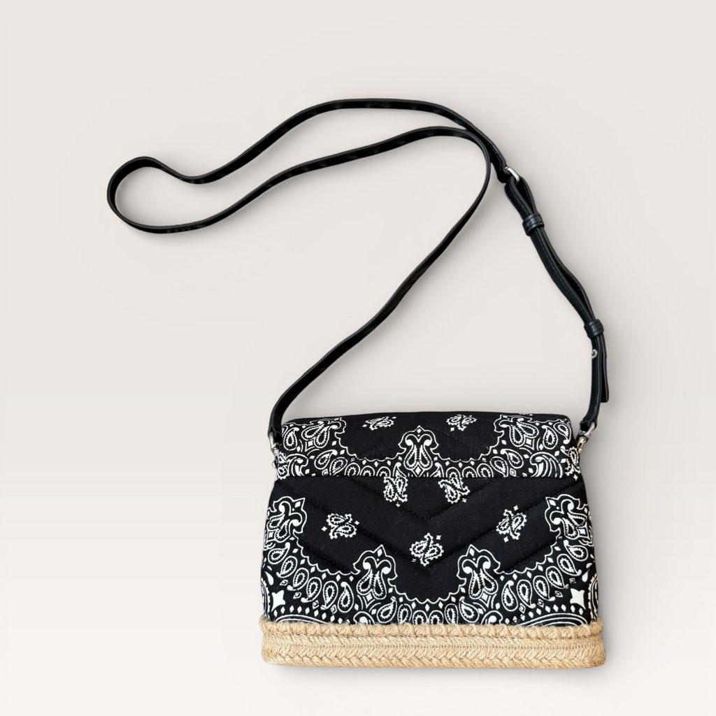 Saint Laurent bandana canvas espadrille crossbody bag in black and white with YSL logo back view lay flat