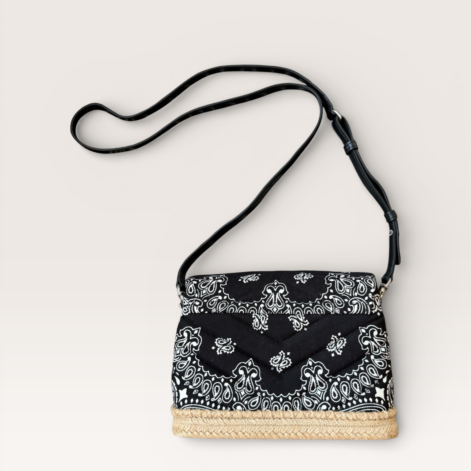 Saint Laurent bandana canvas espadrille crossbody bag in black and white with YSL logo back view lay flat
