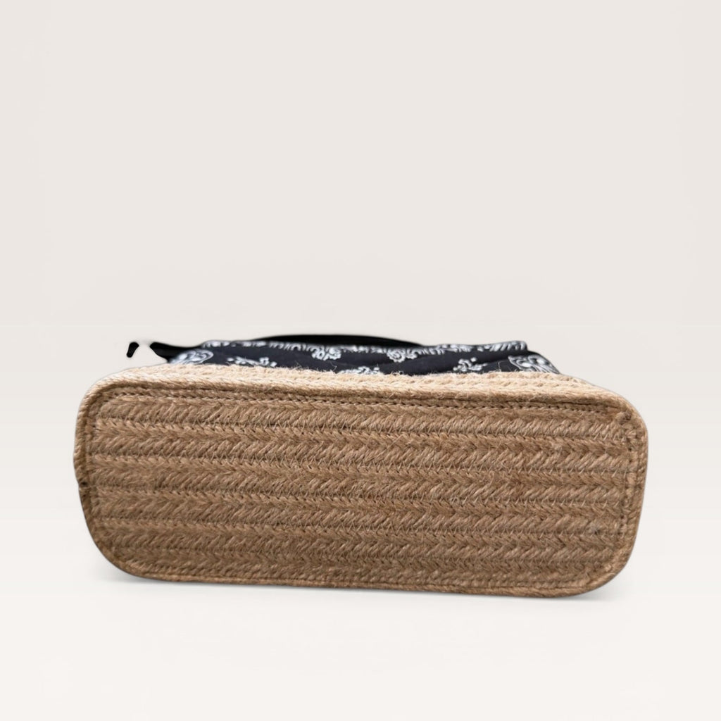 Saint Laurent bandana canvas espadrille crossbody bag in black and white with YSL logo bottom view
