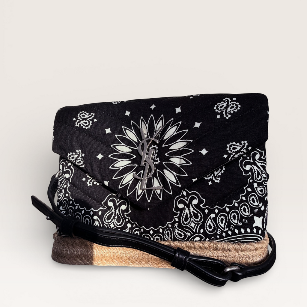 Saint Laurent bandana canvas espadrille crossbody bag in black and white with YSL logo front angle