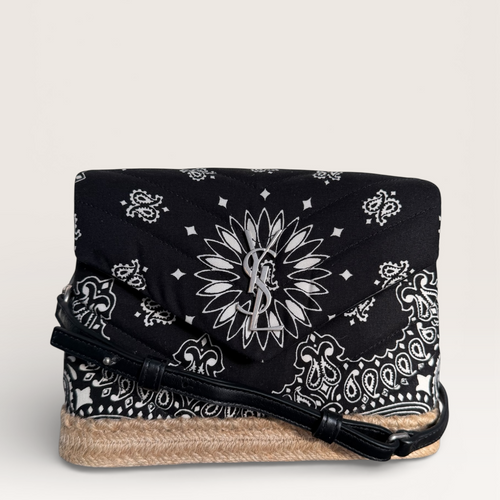Saint Laurent bandana canvas espadrille crossbody bag in black and white with YSL logo front view