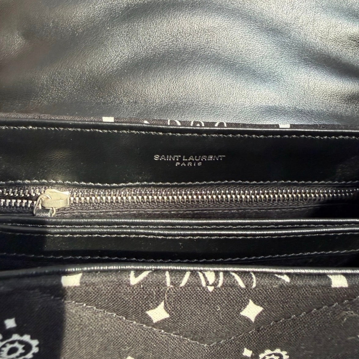 Saint Laurent bandana canvas espadrille crossbody bag in black and white with YSL logo interior 