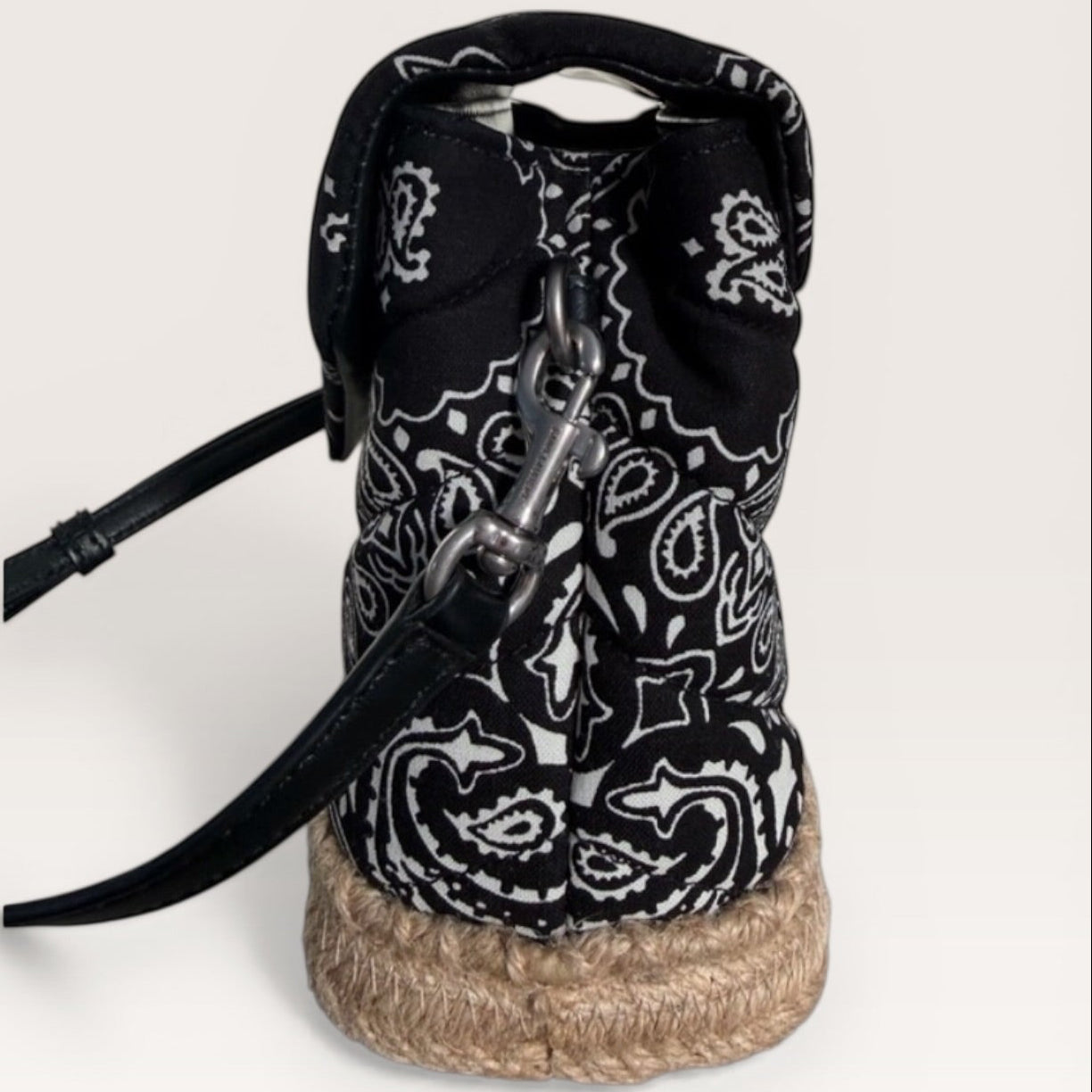 Saint Laurent bandana canvas espadrille crossbody bag in black and white with YSL logo side  view