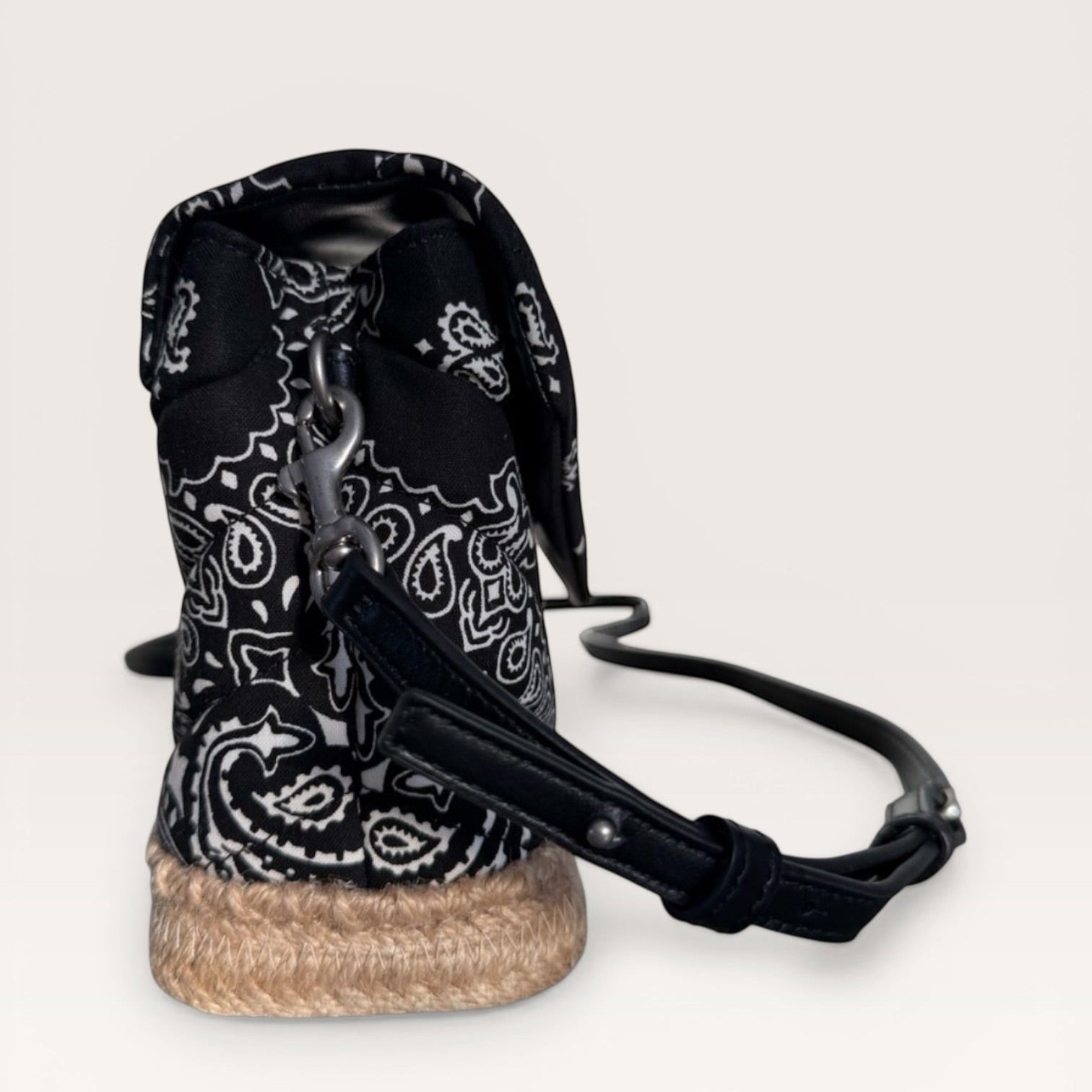 Saint Laurent bandana canvas espadrille crossbody bag in black and white with YSL logo front view 2