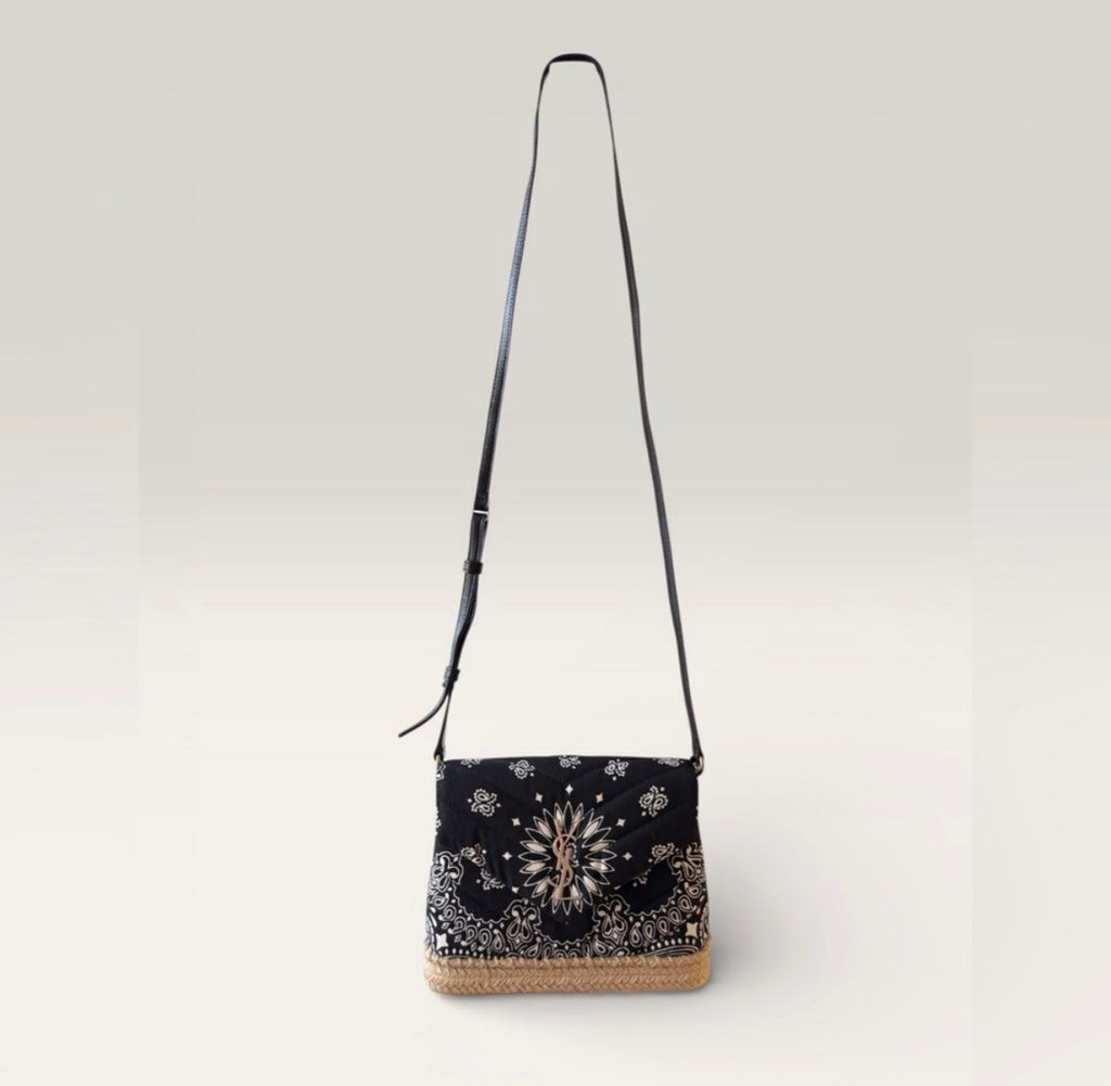 Saint Laurent bandana canvas espadrille crossbody bag in black and white with YSL logo front view With strap extended