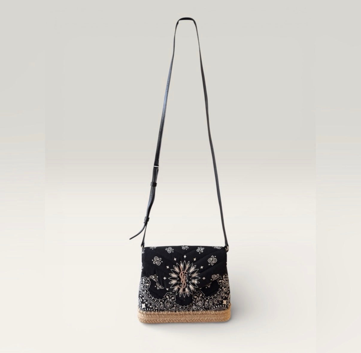 Saint Laurent bandana canvas espadrille crossbody bag in black and white with YSL logo front view With strap extended