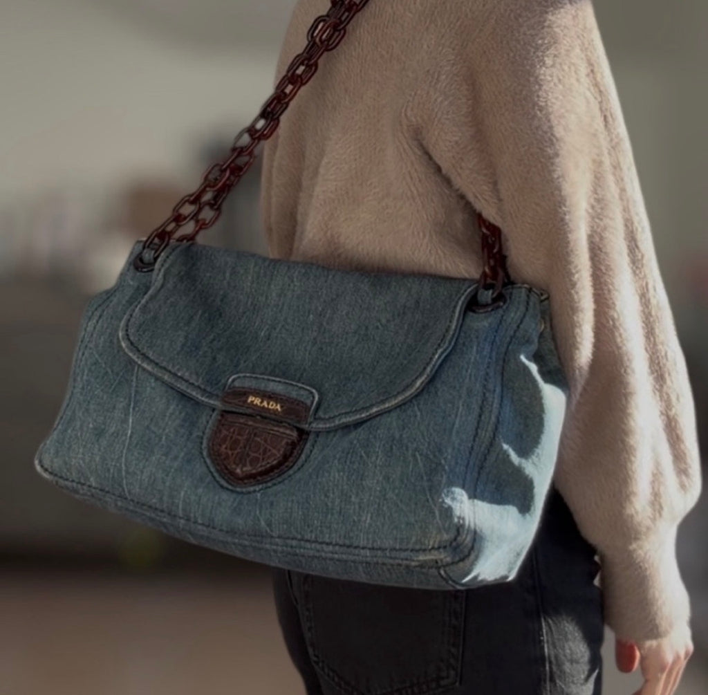 Vintage Prada bag denim on a person