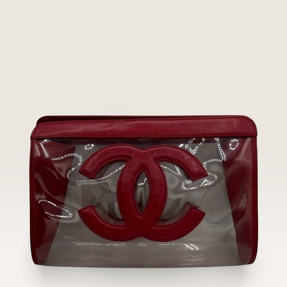 Vintage PVC Chanel clutch view of front with big CC Chanel logo