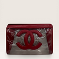 Vintage PVC Chanel clutch view of front with big CC Chanel logo
