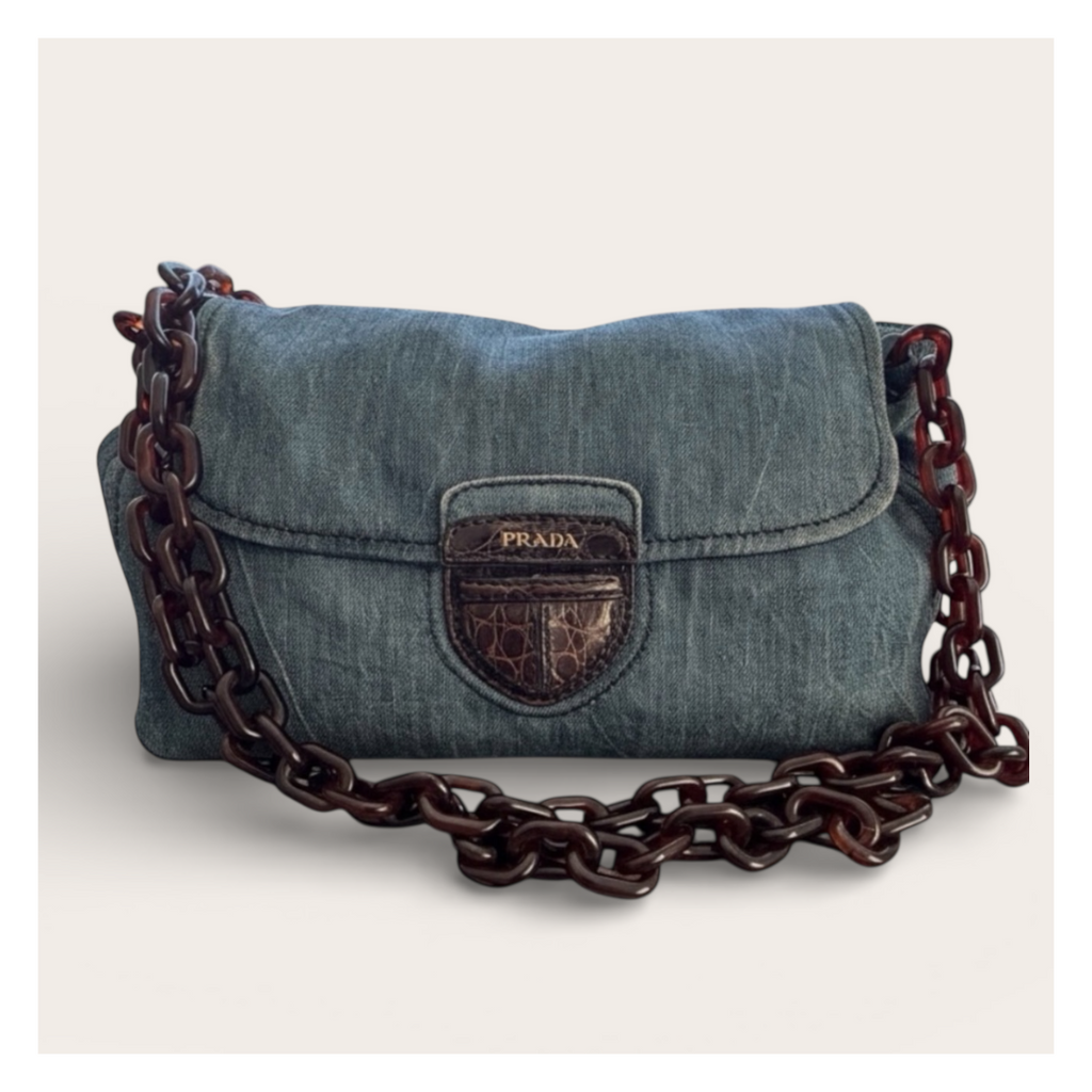 Denim vintage Prada shoulder bag With tortoiseshell chain croc buckle
