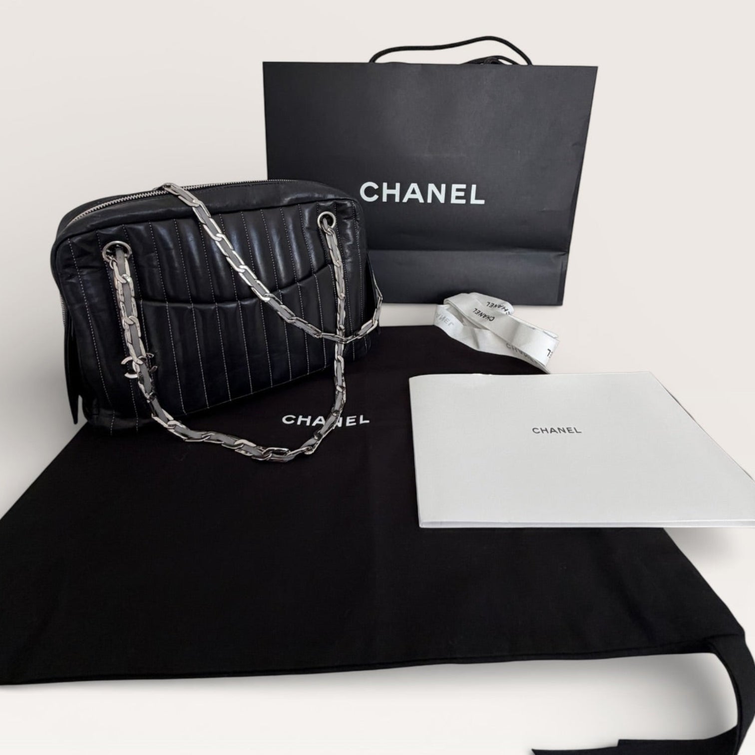 Chanel vintage shoulder bag with dust bag, ribbon, and packaging set