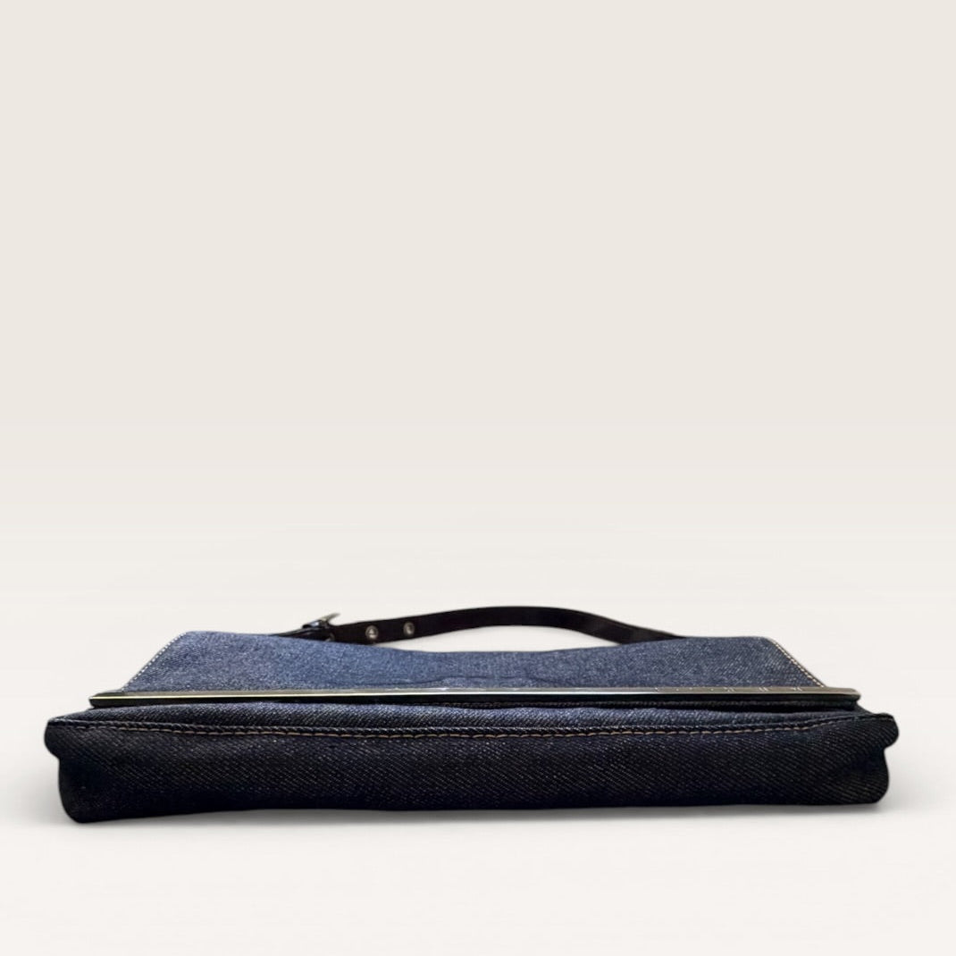 Fendi Denim Baguette Shoulder Bag — Dark Wash Brown Leather Y2K 2000s Vintage
