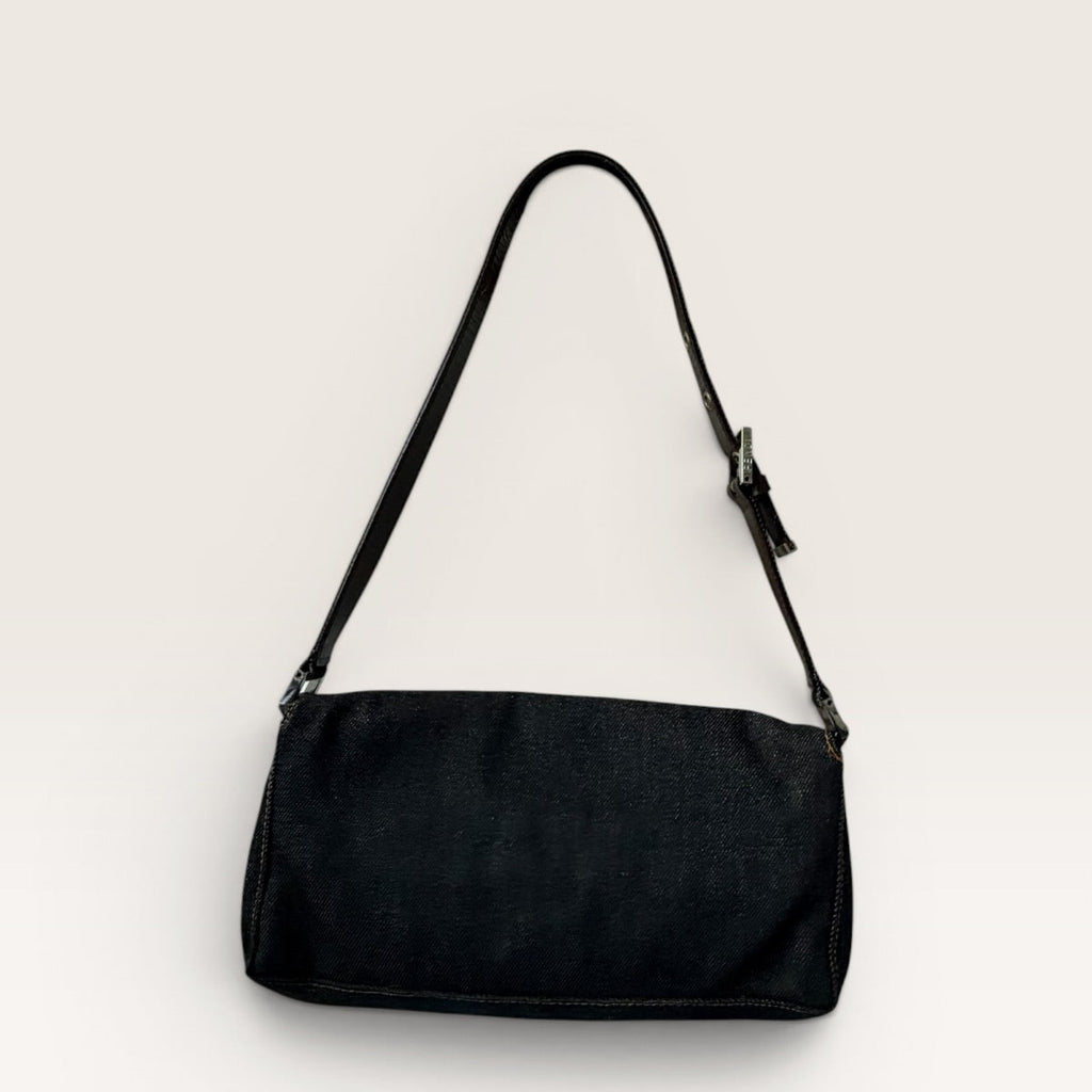 Fendi Denim Baguette Shoulder Bag — Dark Wash Brown Leather Y2K 2000s Vintage