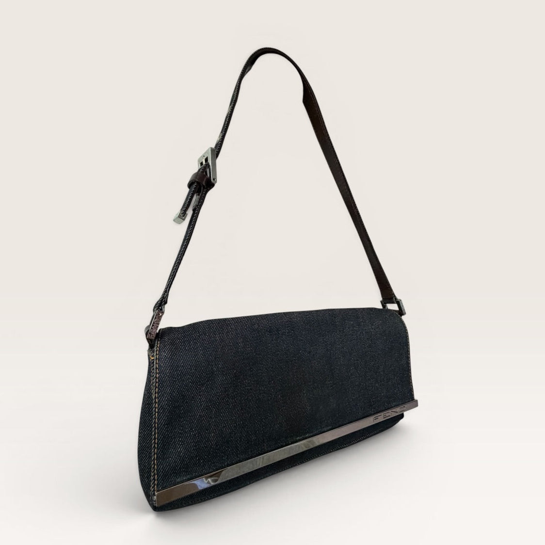 Fendi Denim Baguette Shoulder Bag — Dark Wash Brown Leather Y2K 2000s Vintage